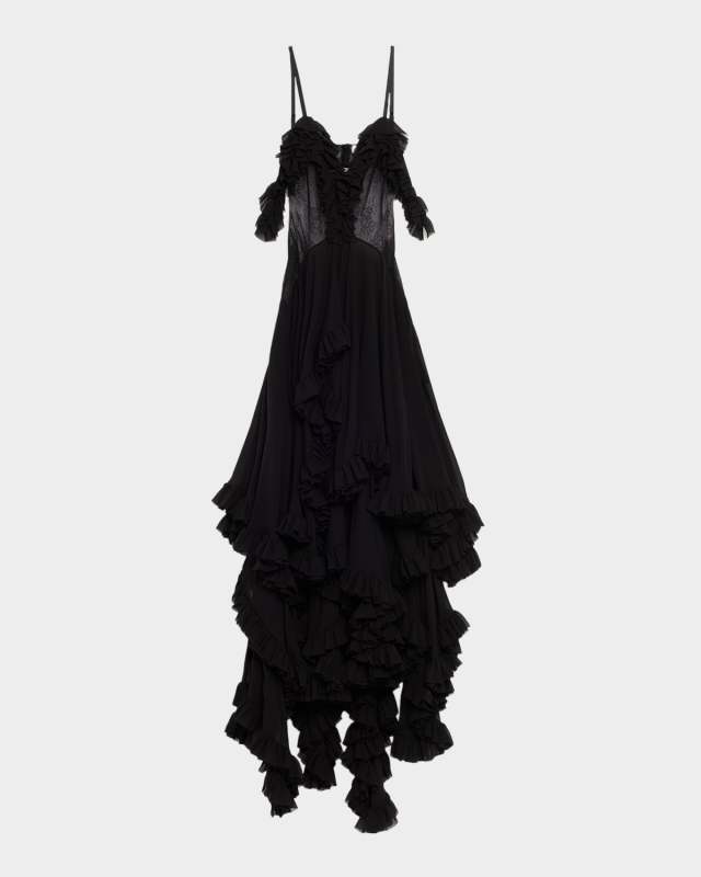 Lace-Inset Tiered Ruffle Chiffon Evening Dress